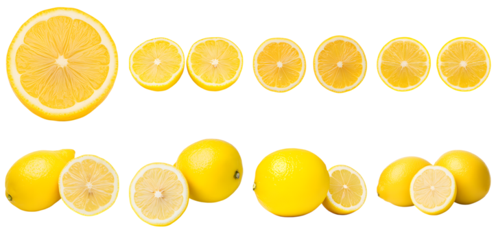 Collection of various a sweet lemon with smooth skin, halved to reveal a light-colored, less acidic pulp with a slice isolated on white transparent background PNG set