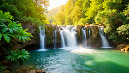 Obraz premium Serene waterfall cascading into emerald lagoon, tranquil nature scene