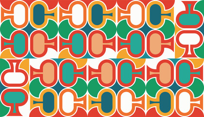 Colorful geometric retro pattern with a combination of red, green, orange and white. Abstract design with symmetrical elements that gives a vintage feel in the style of the 60s and 70s