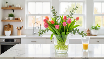Fresh tulip centerpiece on modern kitchen island, vibrant decor