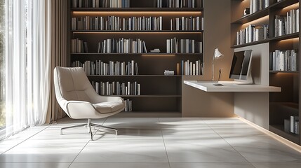 A modern home office with a white desk, bookshelf, and an elegant modern chair. There is a laptop on the table, and a curtain next to it. 