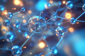 Intricate representation of molecular structures glowing in blue and orange hues