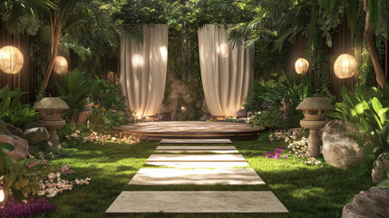 Obraz premium The floor is covered in a combination of soft grass and scattered tropical flowers that create a natural path leading up to the podium. 