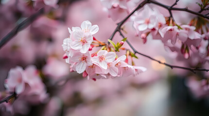 Fototapeta premium Japanese cherry blossoms, detailed focus, gentle color wallpaper desktop background | generative AI
