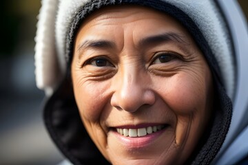 closeup portrait of a happy homeless houseless person woman on the city street. poverty, smiling, face, urban, life, joy, expression, eyes, wrinkles, clothing, hat, scarf, background, 