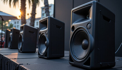 Four black speakers lined up at sunset background