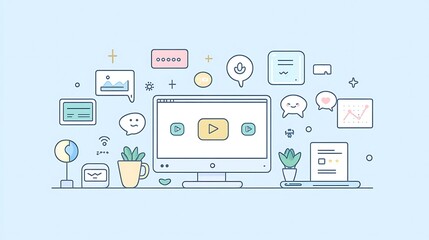 Fototapeta premium Laptop with Multimedia Icons and Plants, Illustration of a laptop with multimedia icons and plants