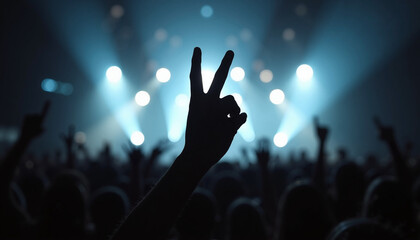Hand making peace sign at a lively concert