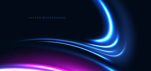 Blue and pink curved neon beams on dark blue background. High speed motion moving concept.