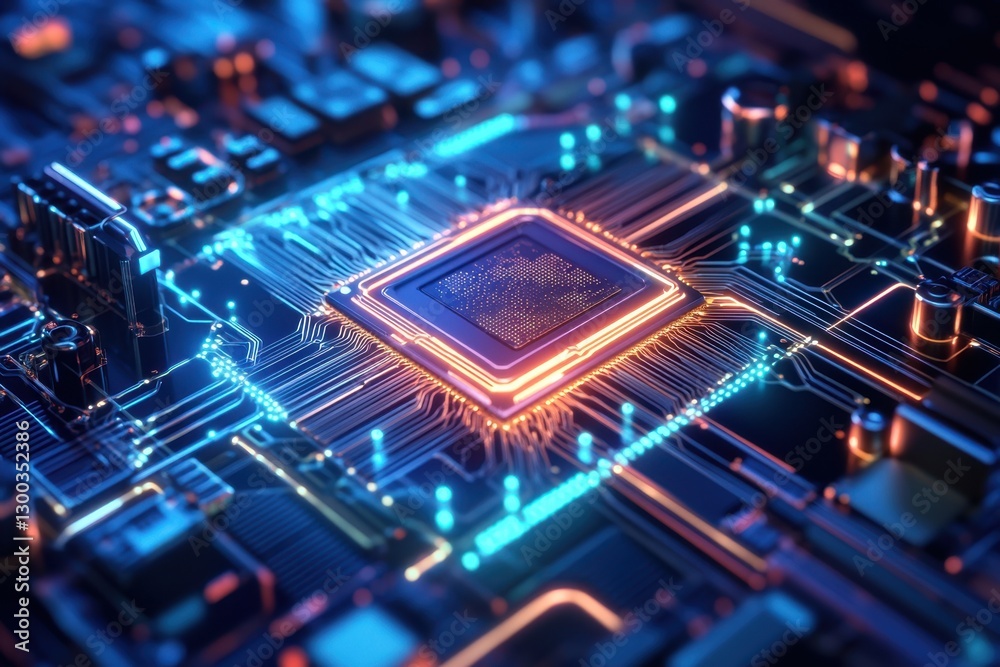 Poster brightly illuminated computer circuit board with intricate details and glowing elements