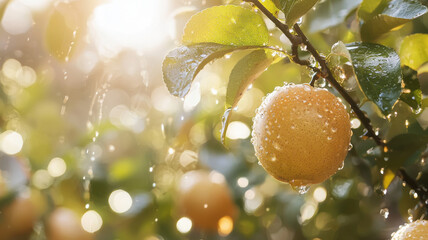 Golden fruit glistening with raindrops, surrounded by lush green leaves and soft sunlight