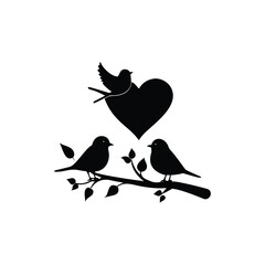 two birds on a branch with love icon.Valentines Day icon set vector illustration.