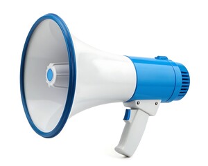 Blue and white megaphone isolated on white background