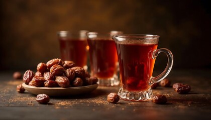 Dates and tea served in glasses, a Middle Eastern tradition of hospitality and warmth
