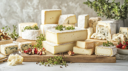 Havarti: A Danish cheese with a mild, buttery flavor and a creamy texture, often flavored with herbs or spices. on a white backgraund on a wooden display 