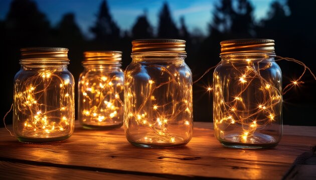 Fairy lights in mason jars: A collection of mason jars filled with glowing fairy lights, sitting on a rustic wooden table.