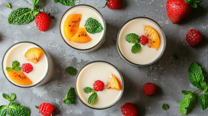 Delicious smoothie bowls topped with fresh fruits and mint leaves