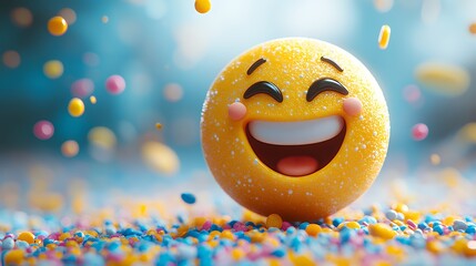 Happy Yellow Emoji Smiling with Joy and Colorful Confetti Background