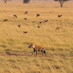 Naklejka premium A spotted hyena walking through the African savanna, while scavenger birds circle in the sky