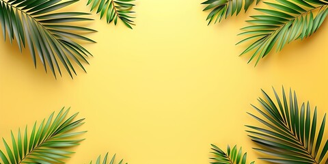 Fototapeta premium Top view of green palm leaves on yellow background with copy space. 