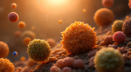 A vibrant, close-up view of colorful, microscopic spheres resembling cells, illuminated by warm light, creating a dynamic, organic atmosphere.
