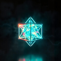 Neon-infused polygonal cyberpunk structure with holographic reflections, glowing circuitry, and a moody sci-fi ambiance