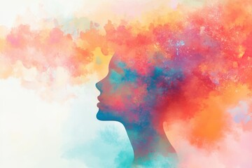 Colorful Silhouette of a Woman's Profile with Vibrant Abstract Cloud of Smokes in Shades of Pink, Blue, and Orange Representing Creativity and Imagination