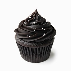 Black cupcake with black cream frosting isolated on white background.