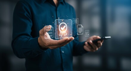 Businessman Displays Glowing Quality Assurance Badge on Handheld Device Interface