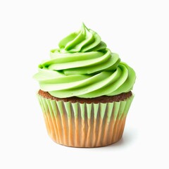 Tasty cupcake with green cream frosting isolated on white background.