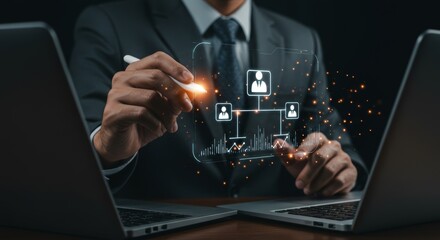 Executive Analyzing Translucent Organization Chart with Stylus in Modern Office Setting