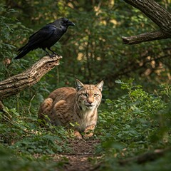 Obraz premium A sharp-eyed lynx crouching in the underbrush, as a raven watches from a nearby tree