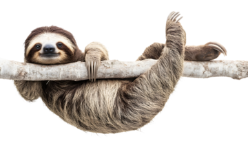 Sloth clinging to branch Isolated on white background.