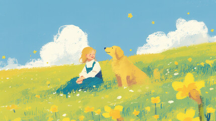 Fototapeta premium Girl and Dog in a Field of Yellow Flowers