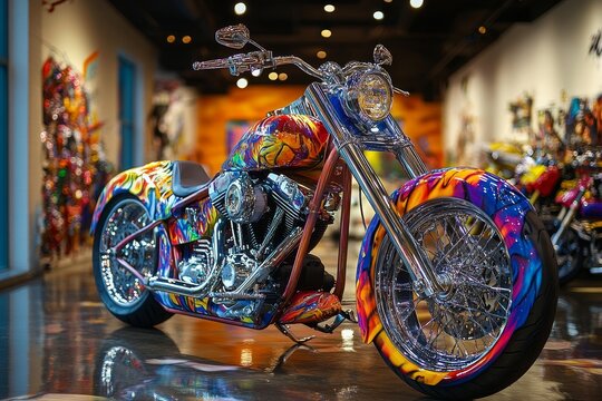 Colorful custom motorcycle with vibrant artistic paint and chrome parts.