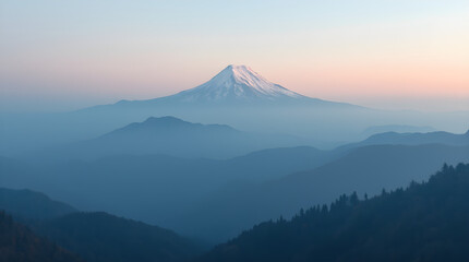 Fototapeta premium Majestic Snowy Mountain Peak in Hazy Blue Layered Landscape at Sunrise