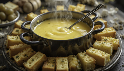 steaming pot of cheese fondue is surrounded by pieces of bread, creating cozy and inviting atmosphere. fondue is creamy and rich, perfect for dipping
