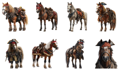 Collection of various playful cute horses in pirate costumes, fun design isolated on white transparent background PNG set