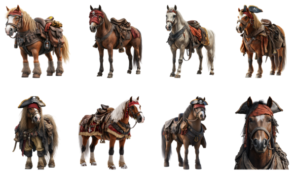 Collection of various playful cute horses in pirate costumes, fun design isolated on white transparent background PNG set