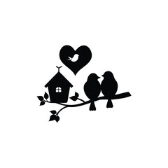 two birds on a branch with love icon.Valentines Day icon set vector illustration.