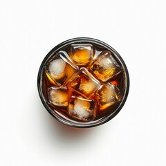 Glass of cola with ice isolated on white background, top view.