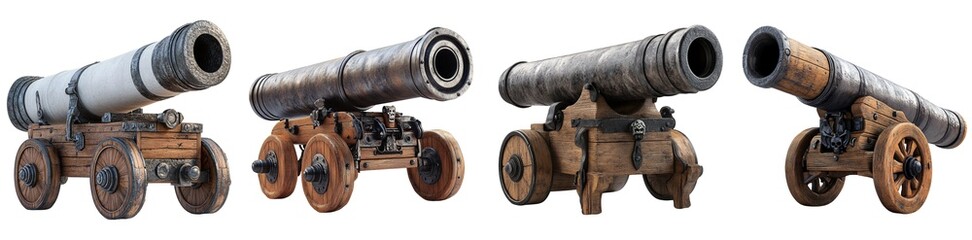 Collection of various pirate cannons, vintage design for board games isolated on white transparent background PNG set
