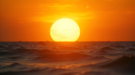 Golden Hour Ocean Sunset: Tranquil Seascape with Bright Sun, Orange Sky, and Gentle Waves
