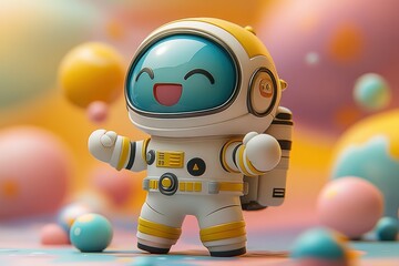 Cheerful astronaut character enjoying a colorful and playful environment filled with vibrant spheres