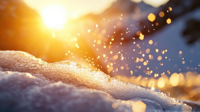 Sunlit snow melting winter landscape nature photography outdoor setting close-up view seasonal change