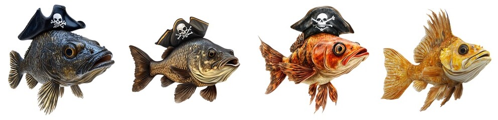 Fototapeta premium Collection of various playful cute fish in pirate costumes, fun design isolated on white transparent background PNG set