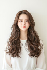 Fototapeta premium Young Woman with Long Wavy Brown Hair Wearing a White T-Shirt
