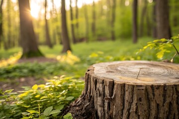 Tree stump in a sunlit forest clearing