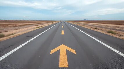 Fototapeta premium a long straight road with an arrow painted on it in the middle of nowhere, with a sky background, Cao Buxing, precisionism, deep 3 point perspective, a stock photo