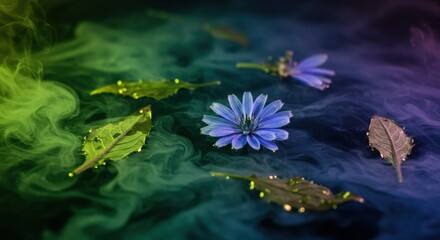 Colorful wild chicory flower and leaves floating in vibrant smoke, creating a surreal, artistic atmosphere